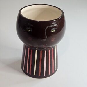 Super Cute Dark Brown Face Planter with Pink and Cream Accents.